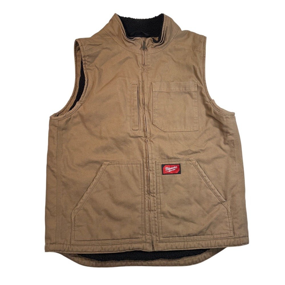 Milwaukee Cotton Duck Canvas Sherpa Lined Workwear Vest Mens XL Brown Full Zip